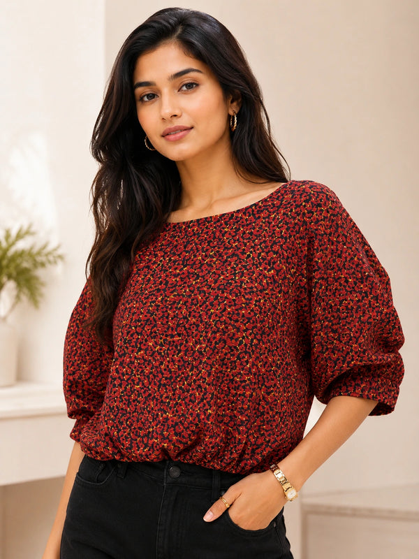 Red Leopard Print Balloon Sleeve Blouse | Women's Casual Fashion Top