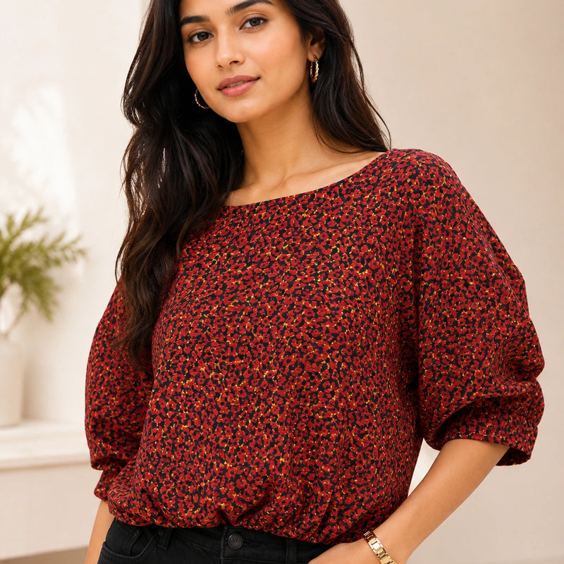 Red Leopard Print Balloon Sleeve Blouse | Women's Casual Fashion Top