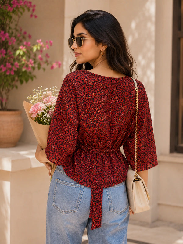 Red Leopard Print Balloon Sleeve Blouse | Women's Casual Fashion Top