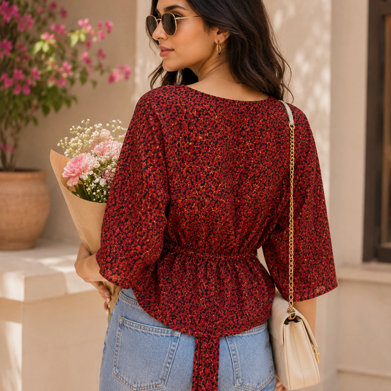 Red Leopard Print Balloon Sleeve Blouse | Women's Casual Fashion Top