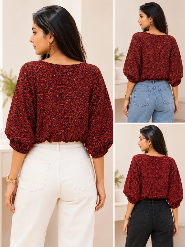 Red Leopard Print Balloon Sleeve Blouse | Women's Casual Fashion Top