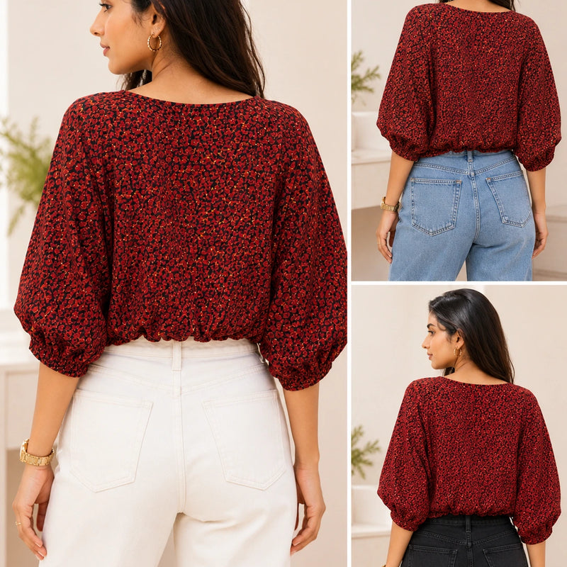 Red Leopard Print Balloon Sleeve Blouse | Women's Casual Fashion Top