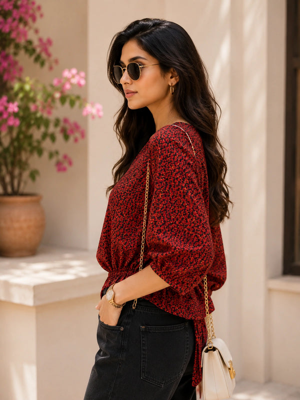 Red Leopard Print Balloon Sleeve Blouse | Women's Casual Fashion Top