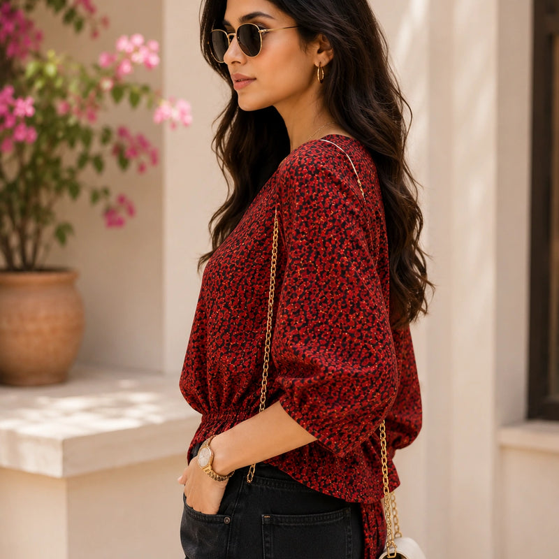 Red Leopard Print Balloon Sleeve Blouse | Women's Casual Fashion Top
