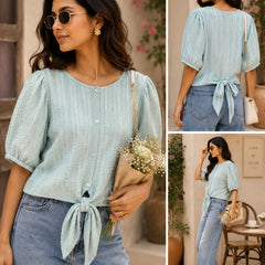 Mint Green Textured Front-Tie Blouse | Women's Casual Summer Top