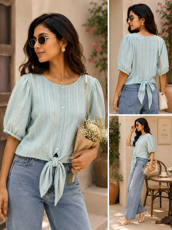 Mint Green Textured Front-Tie Blouse | Women's Casual Summer Top