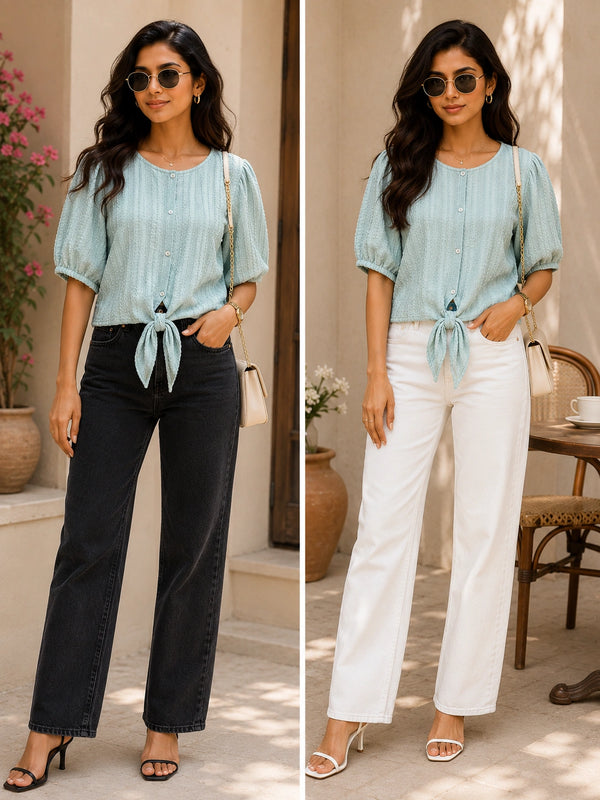Mint Green Textured Front-Tie Blouse | Women's Casual Summer Top