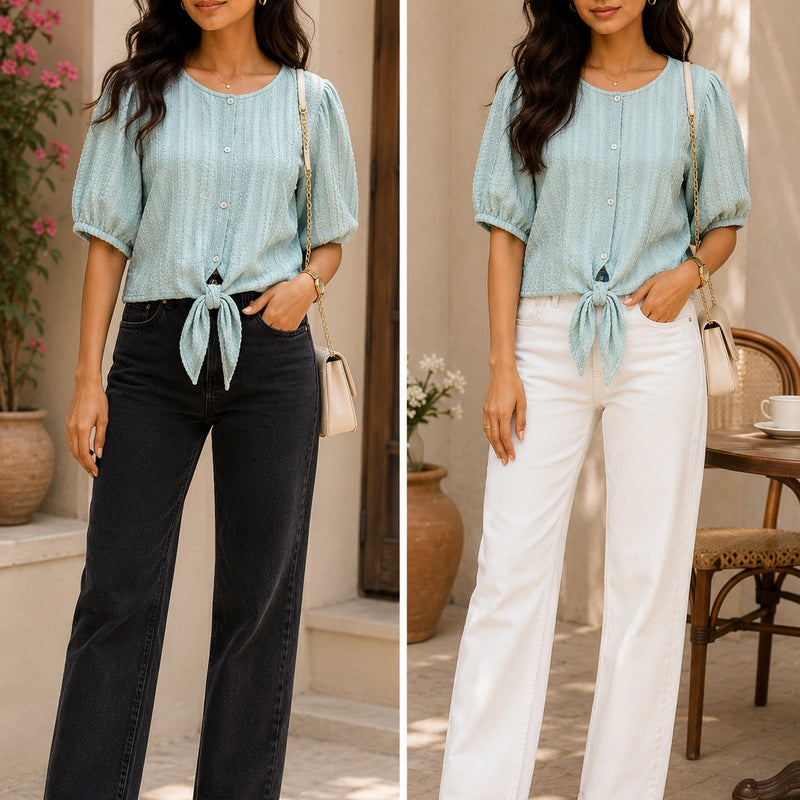 Mint Green Textured Front-Tie Blouse | Women's Casual Summer Top
