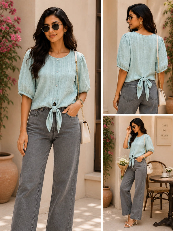 Mint Green Textured Front-Tie Blouse | Women's Casual Summer Top