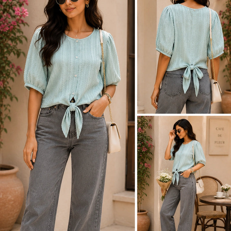 Mint Green Textured Front-Tie Blouse | Women's Casual Summer Top
