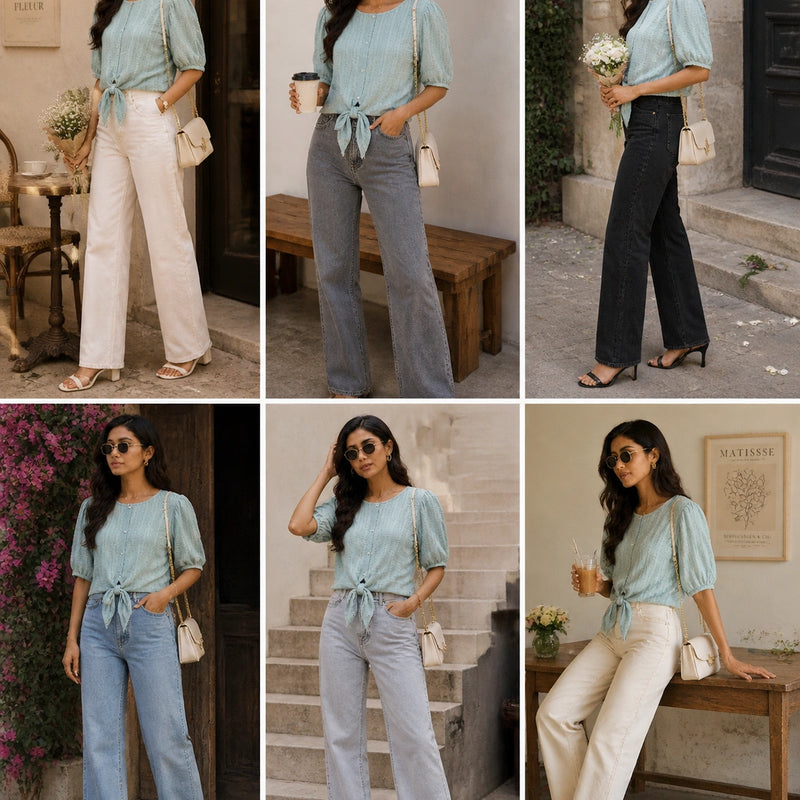 Mint Green Textured Front-Tie Blouse | Women's Casual Summer Top