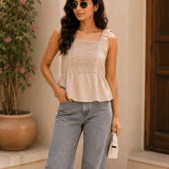 Beige Smocked Square Neck Cami Top | Women's Casual Summer Wear