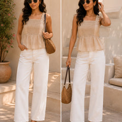 Beige Textured Smocked Peplum Cami | Women's Summer Tank Top