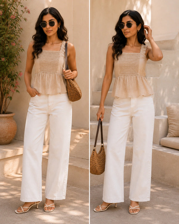 Beige Textured Smocked Peplum Cami | Women's Summer Tank Top