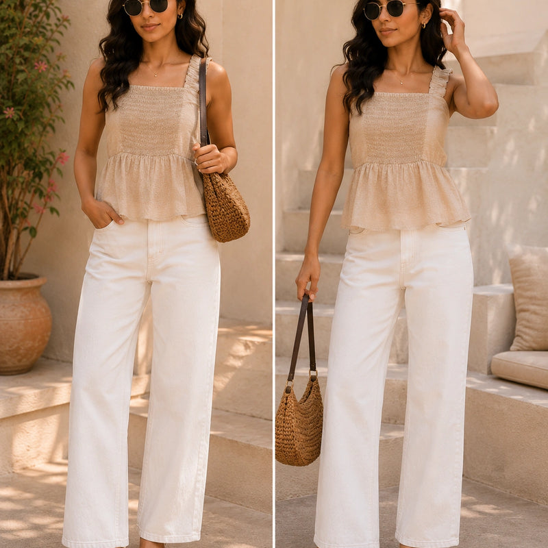 Beige Textured Smocked Peplum Cami | Women's Summer Tank Top