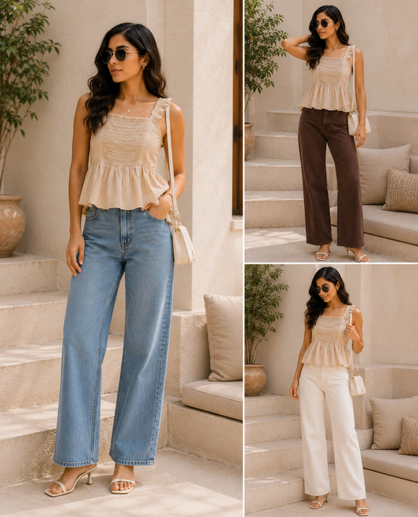 Beige Textured Smocked Peplum Cami | Women's Summer Tank Top