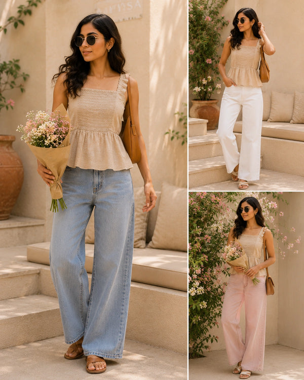 Beige Textured Smocked Peplum Cami | Women's Summer Tank Top