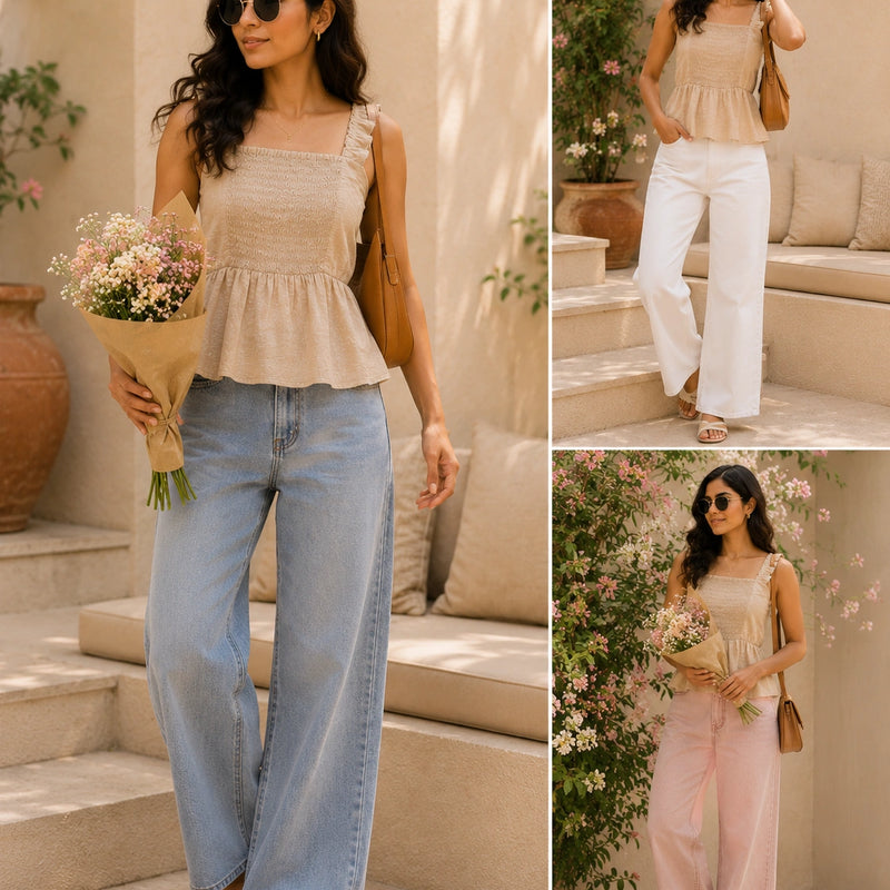 Beige Textured Smocked Peplum Cami | Women's Summer Tank Top