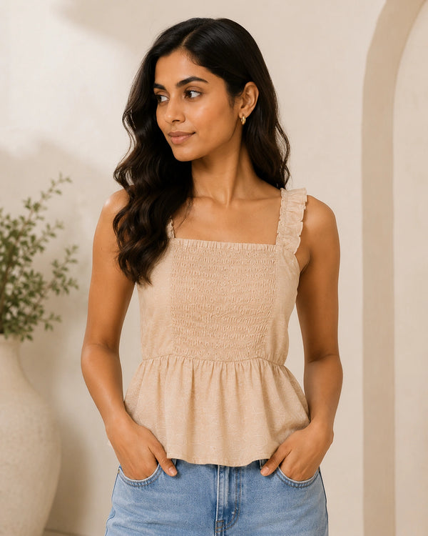 Beige Textured Smocked Peplum Cami | Women's Summer Tank Top