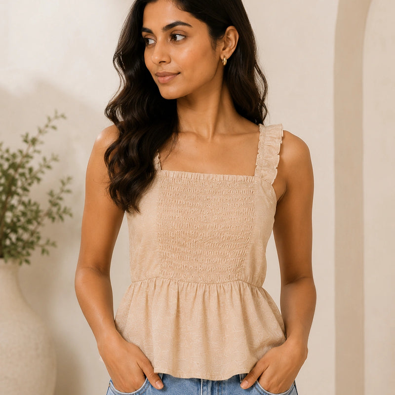 Beige Textured Smocked Peplum Cami | Women's Summer Tank Top