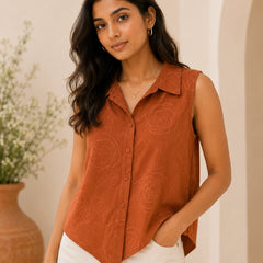 Rust Terracotta Sleeveless Collared Shirt | Women's Casual Summer Top