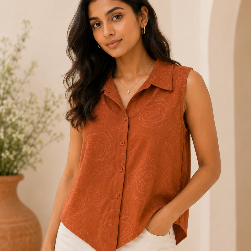 Rust Terracotta Sleeveless Collared Shirt | Women's Casual Summer Top