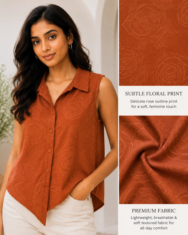 Rust Terracotta Sleeveless Collared Shirt | Women's Casual Summer Top