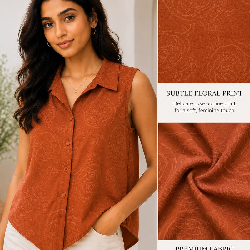 Rust Terracotta Sleeveless Collared Shirt | Women's Casual Summer Top