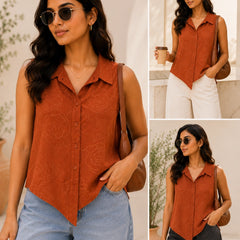 Rust Terracotta Sleeveless Collared Shirt | Women's Casual Summer Top
