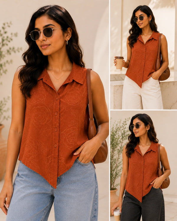 Rust Terracotta Sleeveless Collared Shirt | Women's Casual Summer Top