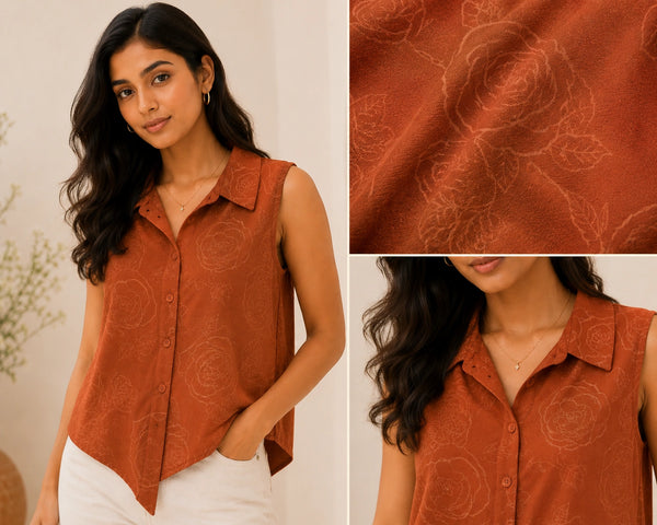 Rust Terracotta Sleeveless Collared Shirt | Women's Casual Summer Top