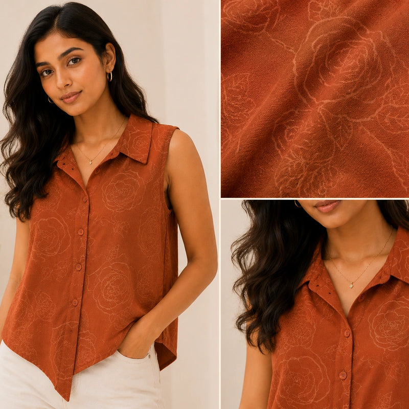 Rust Terracotta Sleeveless Collared Shirt | Women's Casual Summer Top