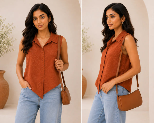 Rust Terracotta Sleeveless Collared Shirt | Women's Casual Summer Top
