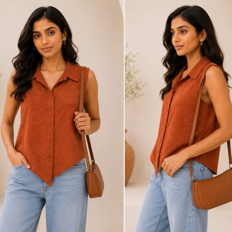 Rust Terracotta Sleeveless Collared Shirt | Women's Casual Summer Top