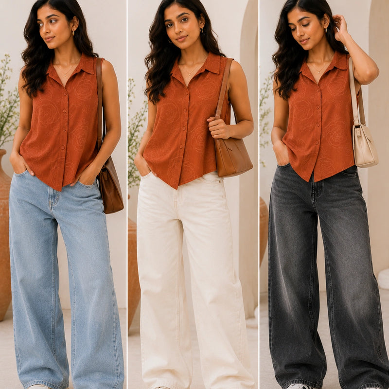 Rust Terracotta Sleeveless Collared Shirt | Women's Casual Summer Top