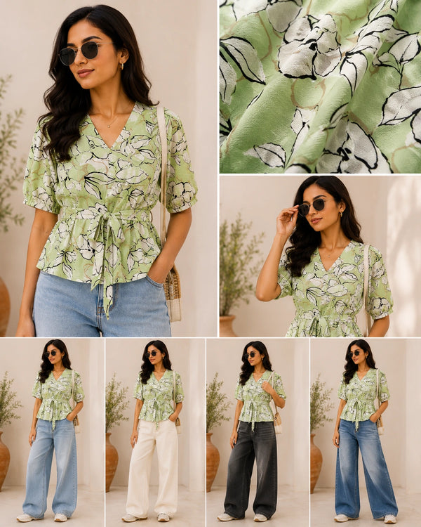 Sage Green Abstract Floral Peplum Blouse | Women's Summer Tie-Waist Top