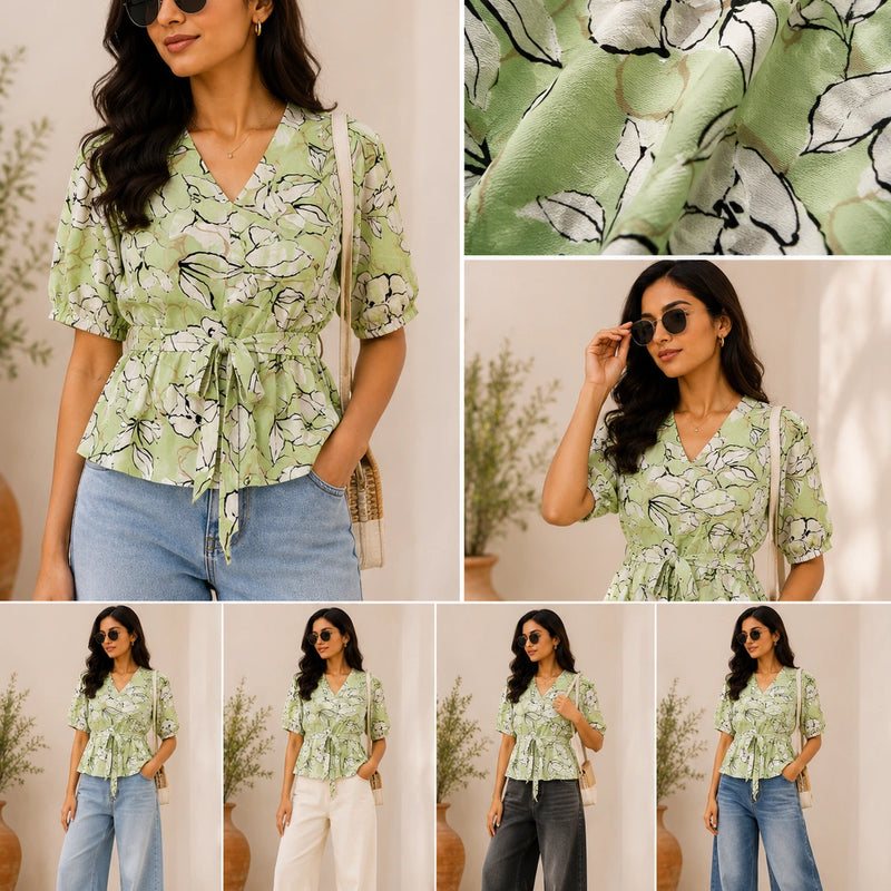 Sage Green Abstract Floral Peplum Blouse | Women's Summer Tie-Waist Top