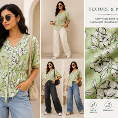Sage Green Abstract Floral Peplum Blouse | Women's Summer Tie-Waist Top