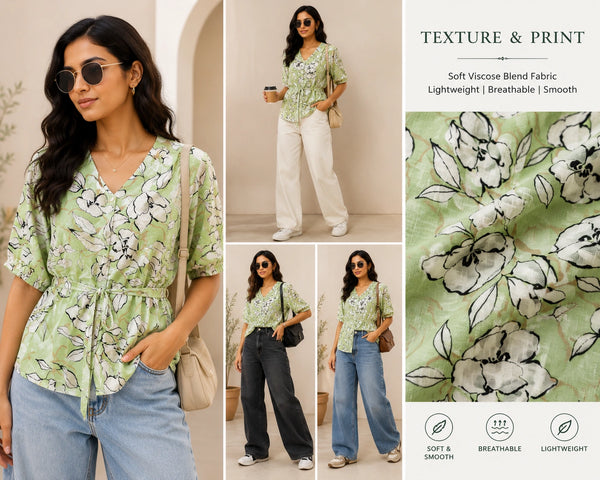 Sage Green Abstract Floral Peplum Blouse | Women's Summer Tie-Waist Top