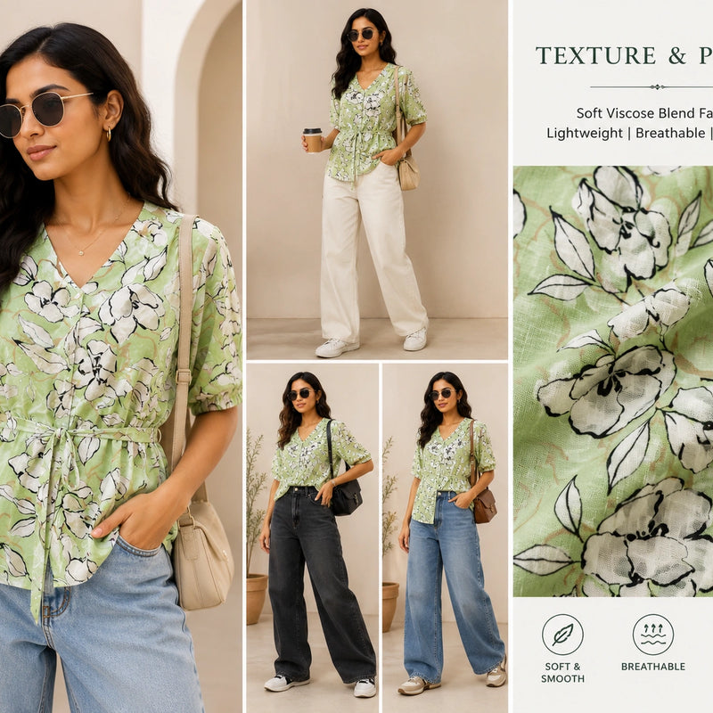 Sage Green Abstract Floral Peplum Blouse | Women's Summer Tie-Waist Top