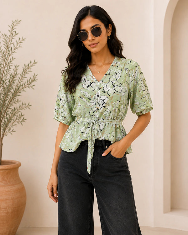 Sage Green Abstract Floral Peplum Blouse | Women's Summer Tie-Waist Top
