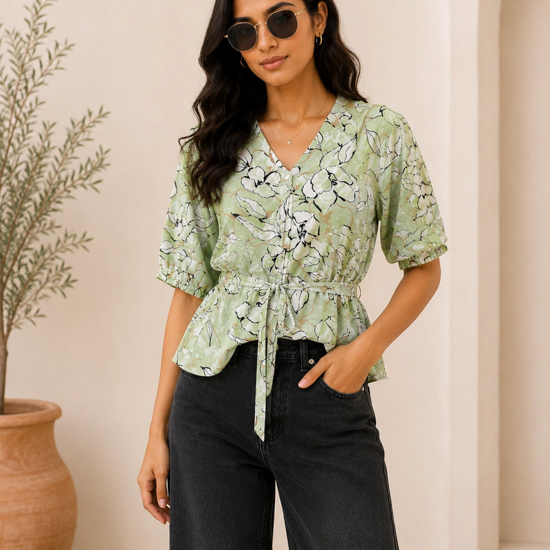Sage Green Abstract Floral Peplum Blouse | Women's Summer Tie-Waist Top