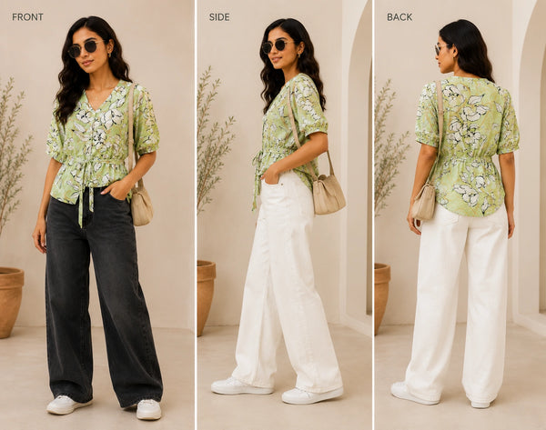 Sage Green Abstract Floral Peplum Blouse | Women's Summer Tie-Waist Top