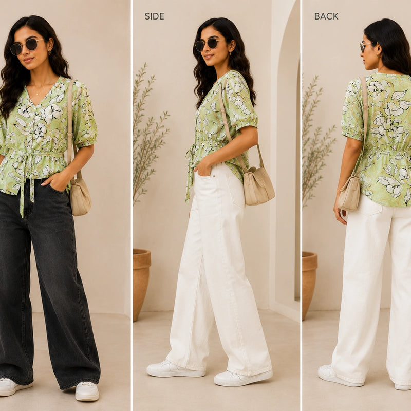 Sage Green Abstract Floral Peplum Blouse | Women's Summer Tie-Waist Top