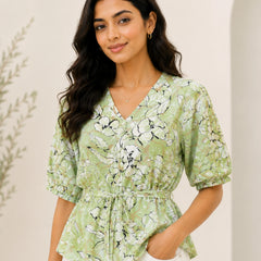 Sage Green Abstract Floral Peplum Blouse | Women's Summer Tie-Waist Top