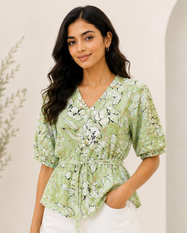 Sage Green Abstract Floral Peplum Blouse | Women's Summer Tie-Waist Top