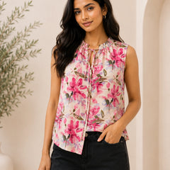 Pink Floral Sleeveless Tie-Neck Blouse | Women's Casual Summer Top