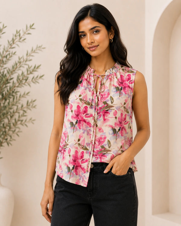 Pink Floral Sleeveless Tie-Neck Blouse | Women's Casual Summer Top