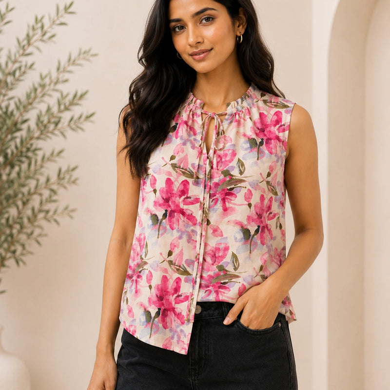 Pink Floral Sleeveless Tie-Neck Blouse | Women's Casual Summer Top