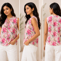 Pink Floral Sleeveless Tie-Neck Blouse | Women's Casual Summer Top